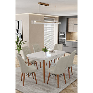 Karba Beyaz 80x132 Açılabilir Sunta Masa Yemek Odası Takımı, Mutfak Takımı 6 Adet Sandalye Beyaz