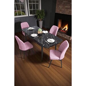 Bara Siyah Mermer 80x132 Açılabilir Sunta Masa Yemek Odası Takımı, Mutfak Takımı 4 Adet Sandalye Pembe