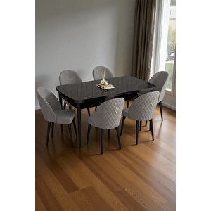 Mura Siyah Mermer 80x132 Açılabilir Mdf Masa Yemek Odası Takımı, Mutfak Takımı 6 Adet Sandalye Gri