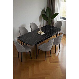 Mura Siyah Mermer 80x132 Açılabilir Mdf Masa Yemek Odası Takımı, Mutfak Takımı 6 Adet Sandalye Gri