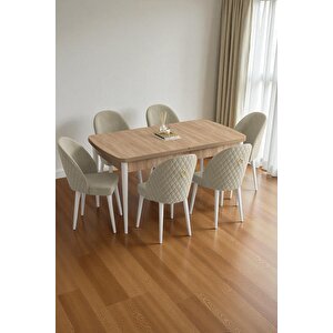 Mura Meşe 80x132 Açılabilir Mdf Masa Yemek Odası Takımı, Mutfak Takımı 6 Adet Sandalye Krem