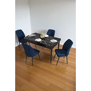 Bara Siyah Mermer 80x132 Açılabilir Sunta Masa Yemek Odası Takımı, Mutfak Takımı 4 Adet Sandalye Lacivert