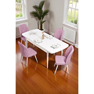 Bara Beyaz 80x132 Açılabilir Sunta Masa Yemek Odası Takımı, Mutfak Takımı 4 Adet Sandalye Pembe
