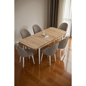Mura Meşe 80x132 Açılabilir Mdf Masa Yemek Odası Takımı, Mutfak Takımı 6 Adet Sandalye Cappuccino