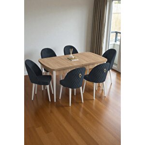 Mura Meşe 80x132 Açılabilir Mdf Masa Yemek Odası Takımı, Mutfak Takımı 6 Adet Sandalye Antrasit