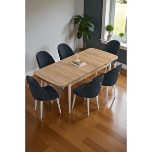 Mura Meşe 80x132 Açılabilir Mdf Masa Yemek Odası Takımı, Mutfak Takımı 6 Adet Sandalye Antrasit