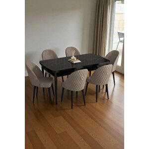 Mura Siyah Mermer 80x132 Açılabilir Mdf Masa Yemek Odası Takımı, Mutfak Takımı 6 Adet Sandalye Cappuccino