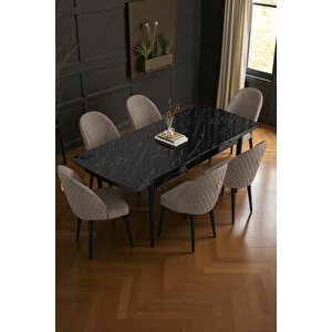 Mura Siyah Mermer 80x132 Açılabilir Mdf Masa Yemek Odası Takımı, Mutfak Takımı 6 Adet Sandalye Cappuccino