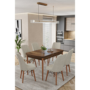 Karba Ceviz 80x132 Açılabilir Sunta Masa Yemek Odası Takımı, Mutfak Takımı 6 Adet Sandalye Krem
