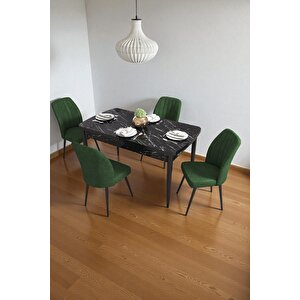 Bara Siyah Mermer 80x132 Açılabilir Sunta Masa Yemek Odası Takımı, Mutfak Takımı 4 Adet Sandalye Yeşil