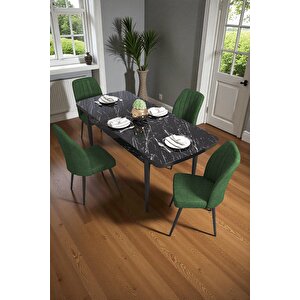 Bara Siyah Mermer 80x132 Açılabilir Sunta Masa Yemek Odası Takımı, Mutfak Takımı 4 Adet Sandalye Yeşil
