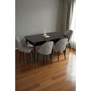 Mura Siyah Mermer 80x132 Açılabilir Mdf Masa Yemek Odası Takımı, Mutfak Takımı 4 Adet Sandalye Gri