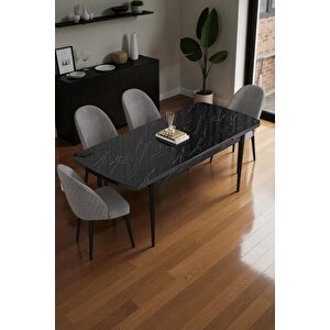 Mura Siyah Mermer 80x132 Açılabilir Mdf Masa Yemek Odası Takımı, Mutfak Takımı 4 Adet Sandalye Gri