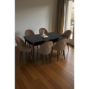 Mura Siyah Mermer 80x132 Açılabilir Mdf Masa Yemek Odası Takımı, Mutfak Takımı 6 Adet Sandalye Kahverengi