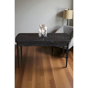 Mura Siyah Mermer 80x132 Açılabilir Mdf Masa Yemek Odası Takımı, Mutfak Takımı 6 Adet Sandalye Kahverengi