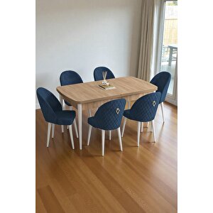 Mura Meşe 80x132 Açılabilir Mdf Masa Yemek Odası Takımı, Mutfak Takımı 6 Adet Sandalye Lacivert