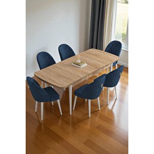 Mura Meşe 80x132 Açılabilir Mdf Masa Yemek Odası Takımı, Mutfak Takımı 6 Adet Sandalye Lacivert