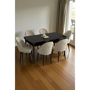 Mura Siyah Mermer 80x132 Açılabilir Mdf Masa Yemek Odası Takımı, Mutfak Takımı 6 Adet Sandalye Krem