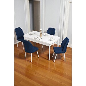 Bara Beyaz 80x132 Açılabilir Sunta Masa Yemek Odası Takımı, Mutfak Takımı 4 Adet Sandalye Lacivert