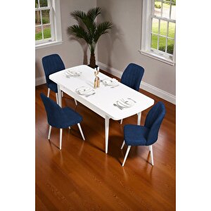 Bara Beyaz 80x132 Açılabilir Sunta Masa Yemek Odası Takımı, Mutfak Takımı 4 Adet Sandalye Lacivert