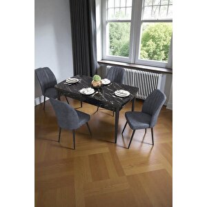 Bara Siyah Mermer 80x132 Açılabilir Sunta Masa Yemek Odası Takımı, Mutfak Takımı 4 Adet Sandalye Antrasit