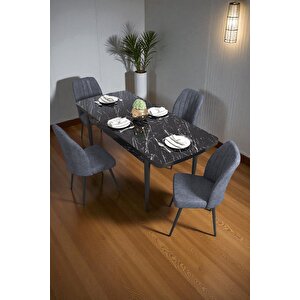 Bara Siyah Mermer 80x132 Açılabilir Sunta Masa Yemek Odası Takımı, Mutfak Takımı 4 Adet Sandalye Antrasit