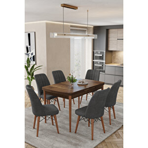 Karba Ceviz 80x132 Açılabilir Sunta Masa Yemek Odası Takımı, Mutfak Takımı 6 Adet Sandalye Antrasit