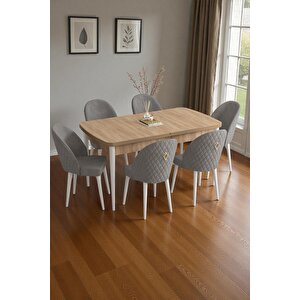 Mura Meşe 80x132 Açılabilir Mdf Masa Yemek Odası Takımı, Mutfak Takımı 6 Adet Sandalye Gri