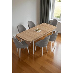 Mura Meşe 80x132 Açılabilir Mdf Masa Yemek Odası Takımı, Mutfak Takımı 6 Adet Sandalye Gri