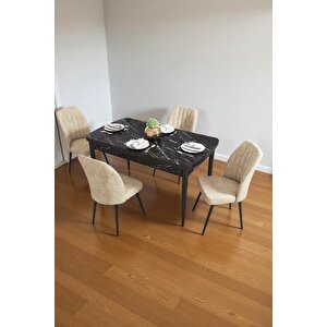Bara Siyah Mermer 80x132 Açılabilir Sunta Masa Yemek Odası Takımı, Mutfak Takımı 4 Adet Sandalye Krem