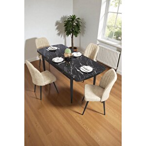 Bara Siyah Mermer 80x132 Açılabilir Sunta Masa Yemek Odası Takımı, Mutfak Takımı 4 Adet Sandalye Krem