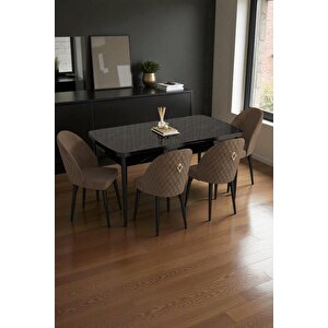 Mura Siyah Mermer 80x132 Açılabilir Mdf Masa Yemek Odası Takımı, Mutfak Takımı 4 Adet Sandalye Kahverengi