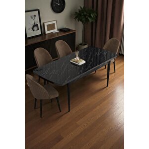 Mura Siyah Mermer 80x132 Açılabilir Mdf Masa Yemek Odası Takımı, Mutfak Takımı 4 Adet Sandalye Kahverengi
