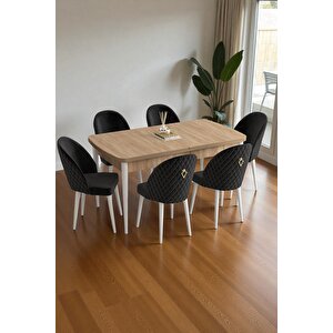 Mura Meşe 80x132 Açılabilir Mdf Masa Yemek Odası Takımı, Mutfak Takımı 6 Adet Sandalye Siyah