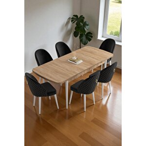Mura Meşe 80x132 Açılabilir Mdf Masa Yemek Odası Takımı, Mutfak Takımı 6 Adet Sandalye Siyah