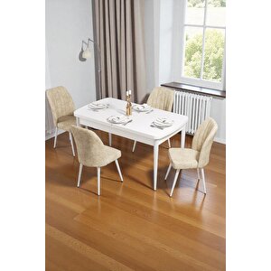 Bara Beyaz 80x132 Açılabilir Sunta Masa Yemek Odası Takımı, Mutfak Takımı 4 Adet Sandalye Krem