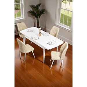 Bara Beyaz 80x132 Açılabilir Sunta Masa Yemek Odası Takımı, Mutfak Takımı 4 Adet Sandalye Krem