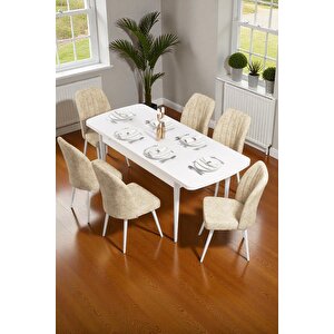 Bara Beyaz 80x132 Açılabilir Sunta Masa Yemek Odası Takımı, Mutfak Takımı 6 Adet Sandalye Krem