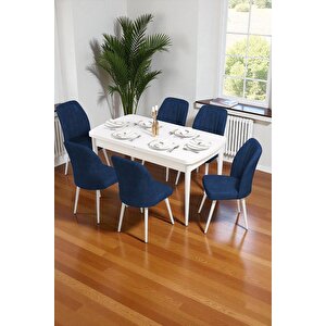 Bara Beyaz 80x132 Açılabilir Sunta Masa Yemek Odası Takımı, Mutfak Takımı 6 Adet Sandalye Lacivert