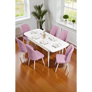 Bara Beyaz 80x132 Açılabilir Sunta Masa Yemek Odası Takımı, Mutfak Takımı 6 Adet Sandalye Pembe