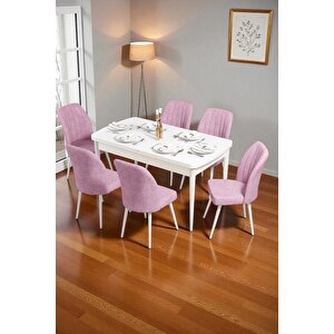 Bara Beyaz 80x132 Açılabilir Sunta Masa Yemek Odası Takımı, Mutfak Takımı 6 Adet Sandalye Pembe