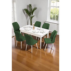 Bara Beyaz 80x132 Açılabilir Sunta Masa Yemek Odası Takımı, Mutfak Takımı 6 Adet Sandalye Yeşil