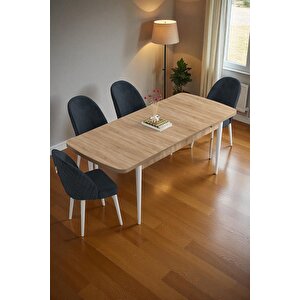 Mura Meşe 80x132 Açılabilir Mdf Masa Yemek Odası Takımı, Mutfak Takımı 4 Adet Sandalye Antrasit