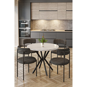 Barted Masa Sandalye Takımı 4 Kişilik | Yuvarlak 90 Cm | Teddy Sandalyeli Modern Tasarım Antrasit