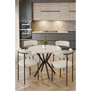 Barted Masa Sandalye Takımı 4 Kişilik | Yuvarlak 90 Cm | Teddy Sandalyeli Modern Tasarım Beyaz