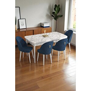 Mura Beyaz Mermer 80x132 Açılabilir Mdf Masa Yemek Odası Takımı, Mutfak Takımı 4 Adet Sandalye Lacivert