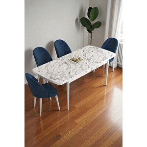 Mura Beyaz Mermer 80x132 Açılabilir Mdf Masa Yemek Odası Takımı, Mutfak Takımı 4 Adet Sandalye Lacivert