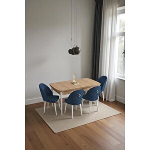 Mura Meşe 80x132 Açılabilir Mdf Masa Yemek Odası Takımı, Mutfak Takımı 4 Adet Sandalye Lacivert