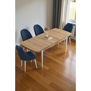 Mura Meşe 80x132 Açılabilir Mdf Masa Yemek Odası Takımı, Mutfak Takımı 4 Adet Sandalye Lacivert