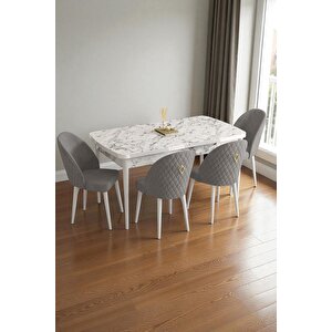 Mura Beyaz Mermer 80x132 Açılabilir Mdf Masa Yemek Odası Takımı, Mutfak Takımı 4 Adet Sandalye Gri